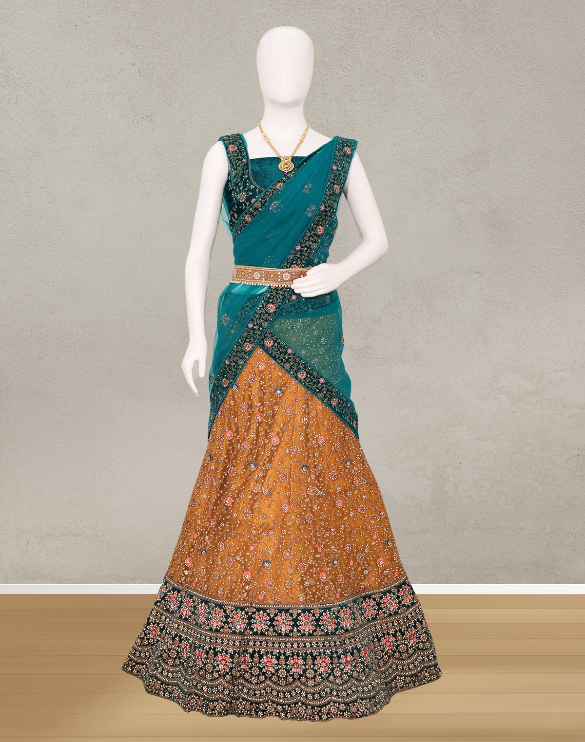 Mustard Netted Half Saree with Contrast Green Colour Velvet Border and Velvet Green Blouse