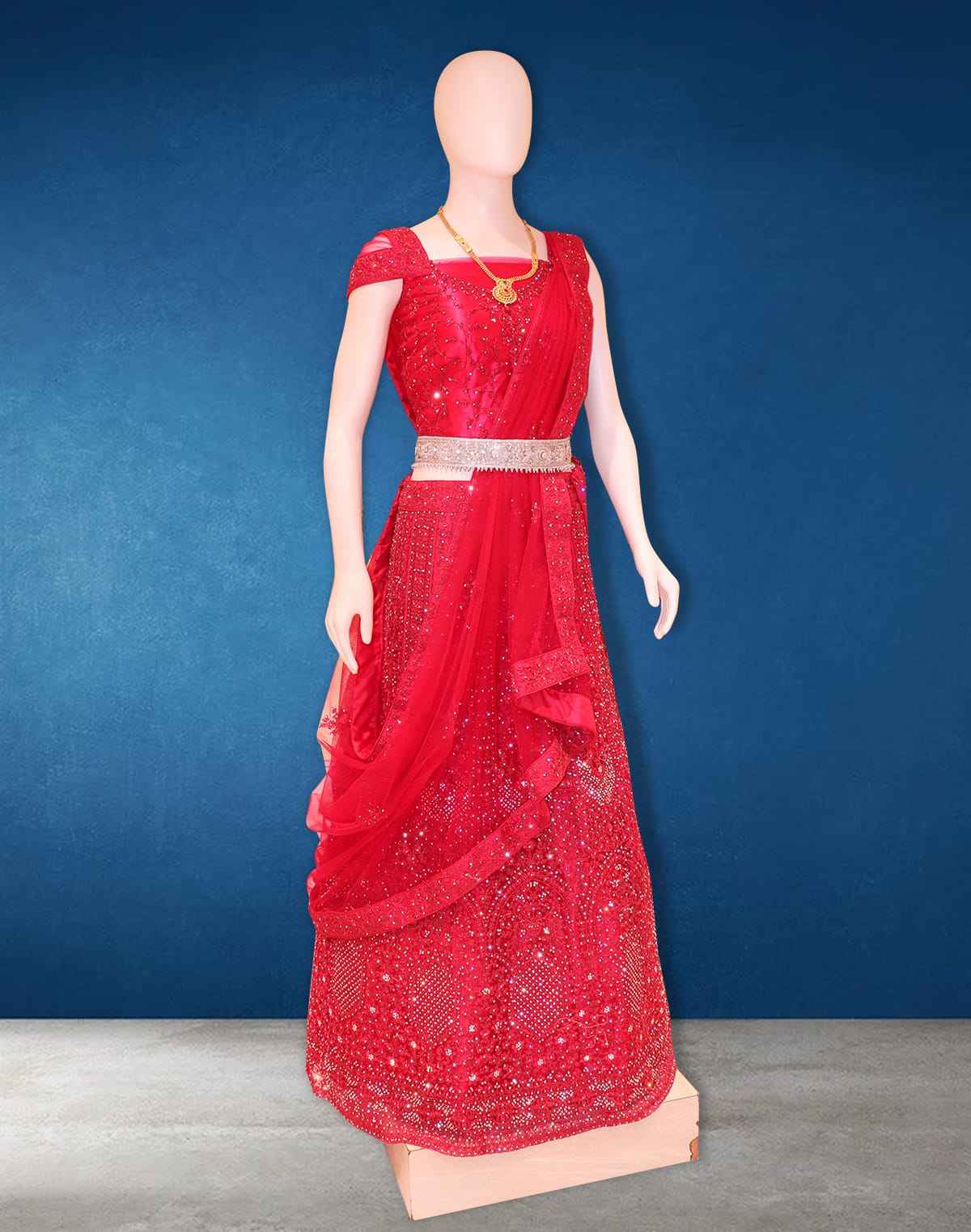 Collection of Rani Pink Stones work fully flared Netted Half Saree in a gallery layout