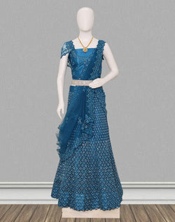 Collection of Traditional party wear Peacock Blue floral stones work Netted fabric lehenga set in a gallery layout