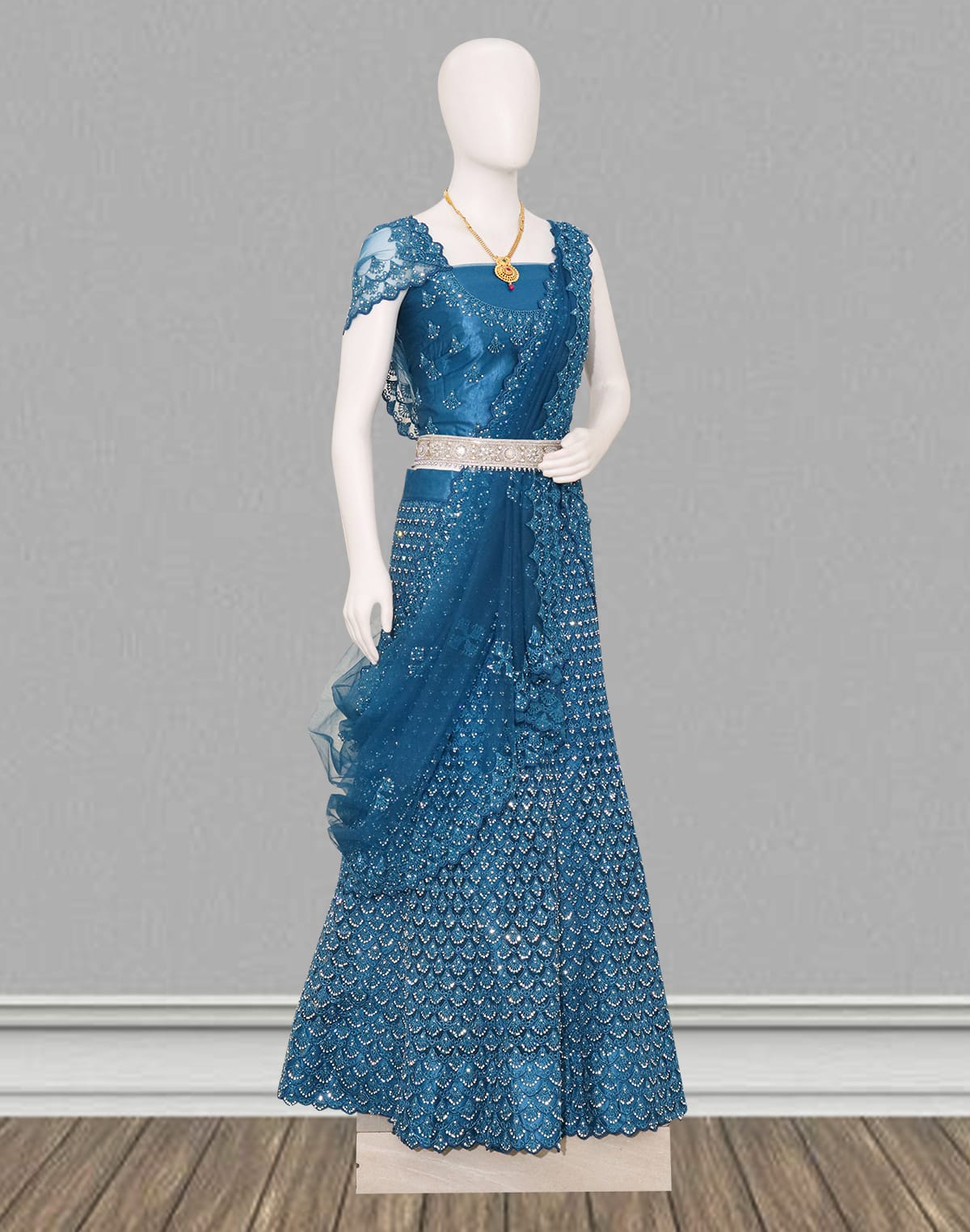 Collection of Traditional party wear Peacock Blue floral stones work Netted fabric lehenga set in a gallery layout