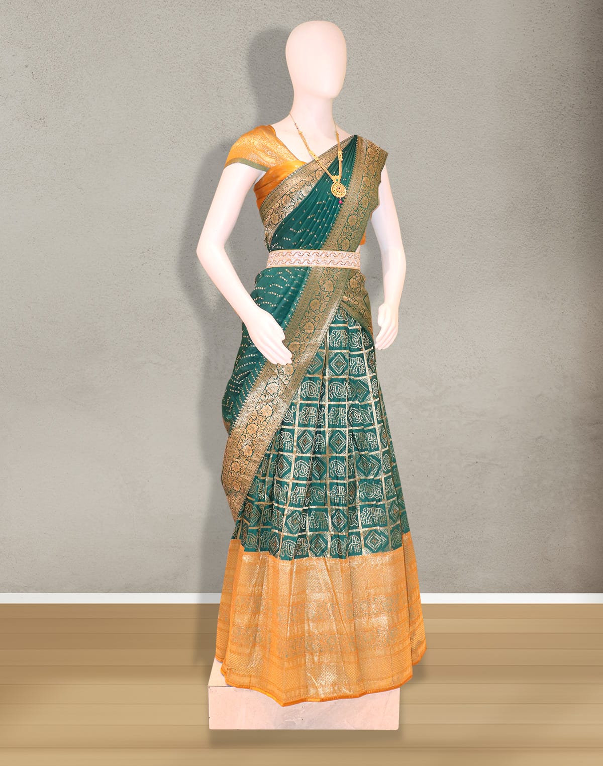 Collection of Green Floral print Banaras Fancy Half Saree in a gallery layout