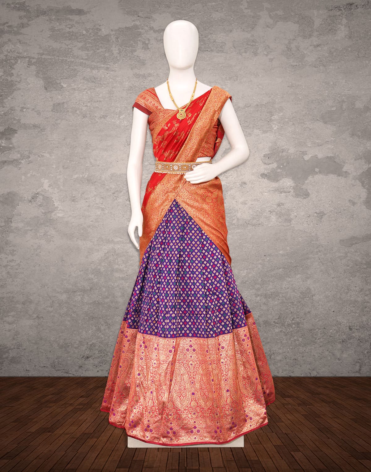 Collection of Designer bridal Violet Floral Banaras Fancy Half Saree in a gallery layout