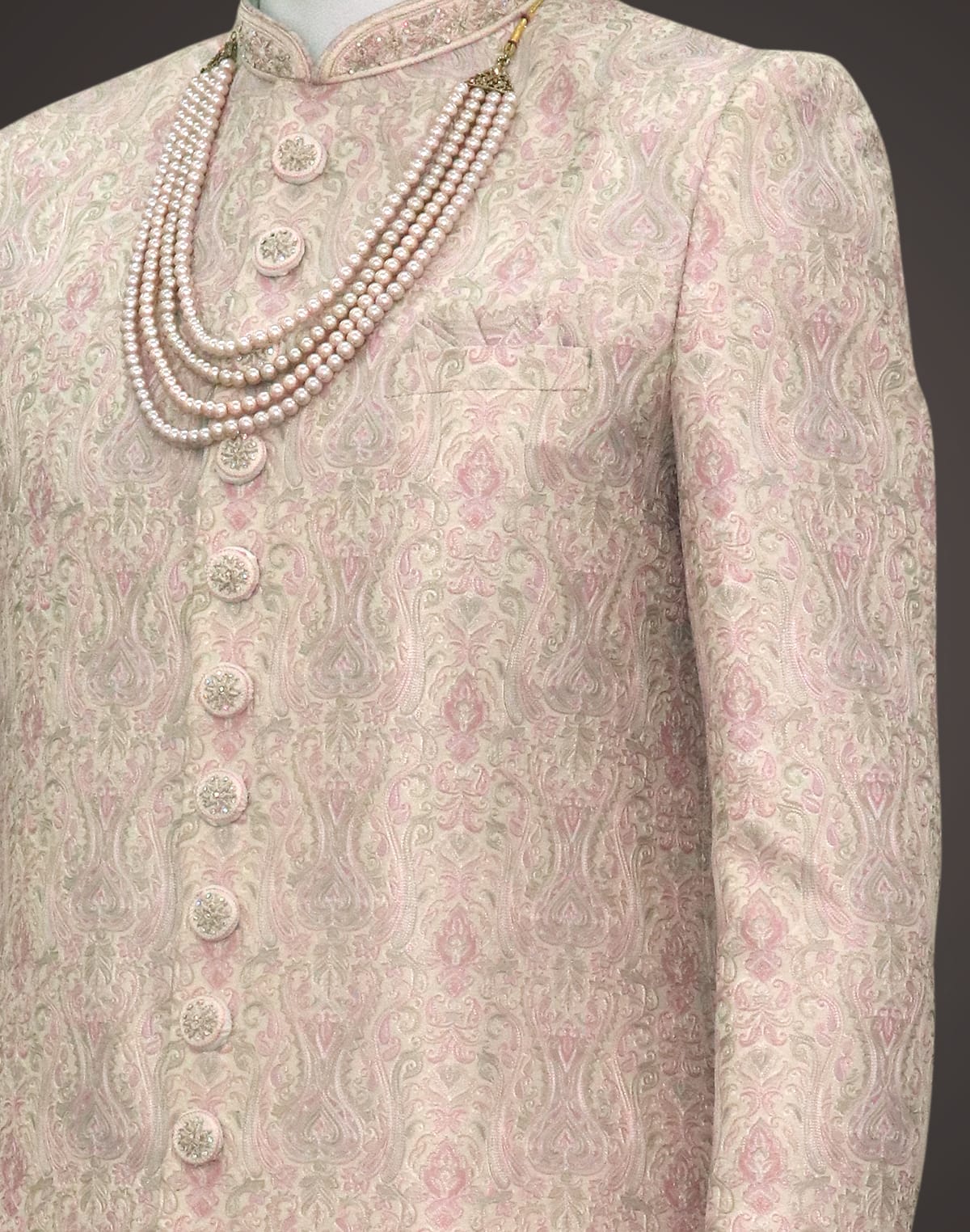 Collection of Peach heavy embroidery work Jacquard Indo-Western Set in a gallery layout