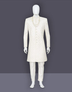 Collection of White Self Design Sequins work Milky Silk Indo Western Set in a gallery layout