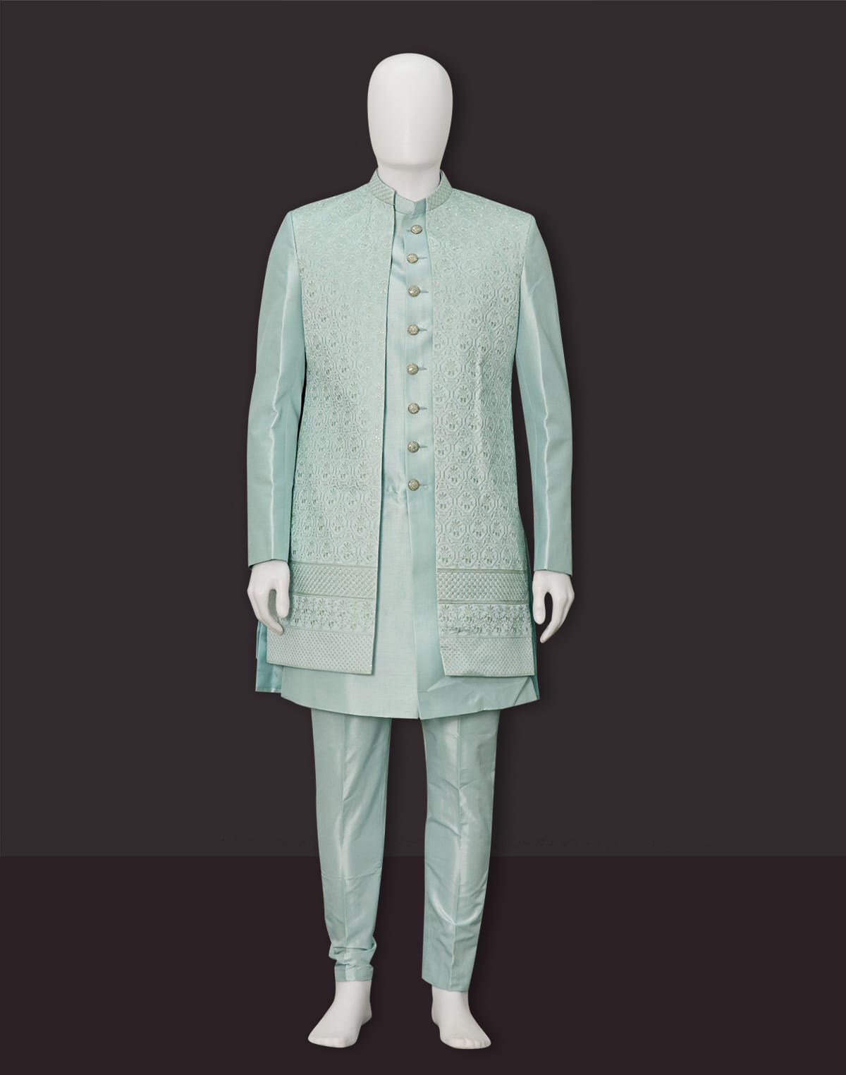 Collection of Elegant Light Green Coloured Jacquard Indo Open Jacket Style in a gallery layout