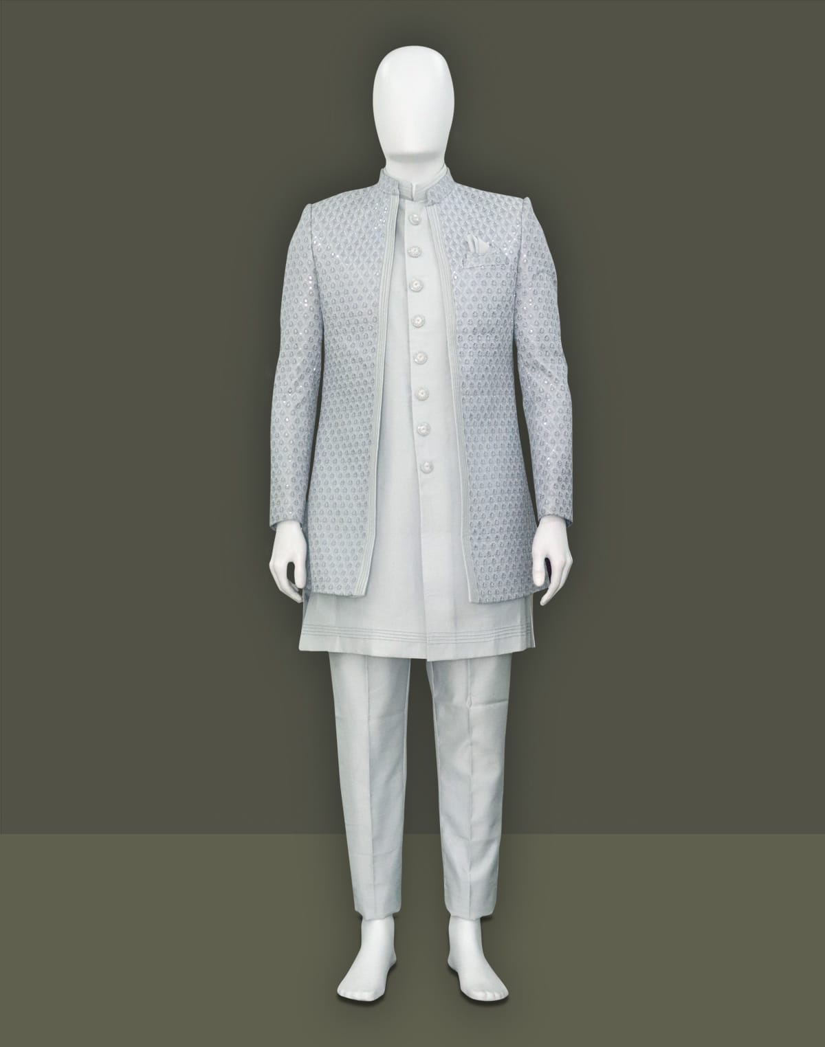 Collection of Grey Elegant Party Wear Milky Silk Indo Open Jacket in a gallery layout