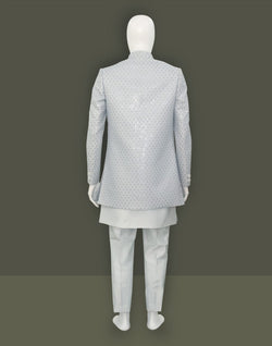 Collection of Grey Elegant Party Wear Milky Silk Indo Open Jacket in a gallery layout