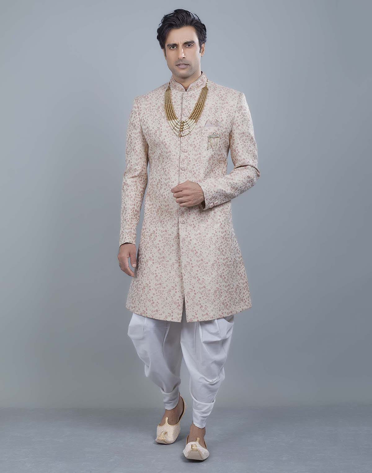 Graceful Peach Self All Over Floral Jacquard Design Indo Sherwani