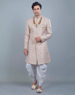 Collection of Graceful Peach Self All Over Floral Jacquard Design Indo Sherwani in a gallery layout