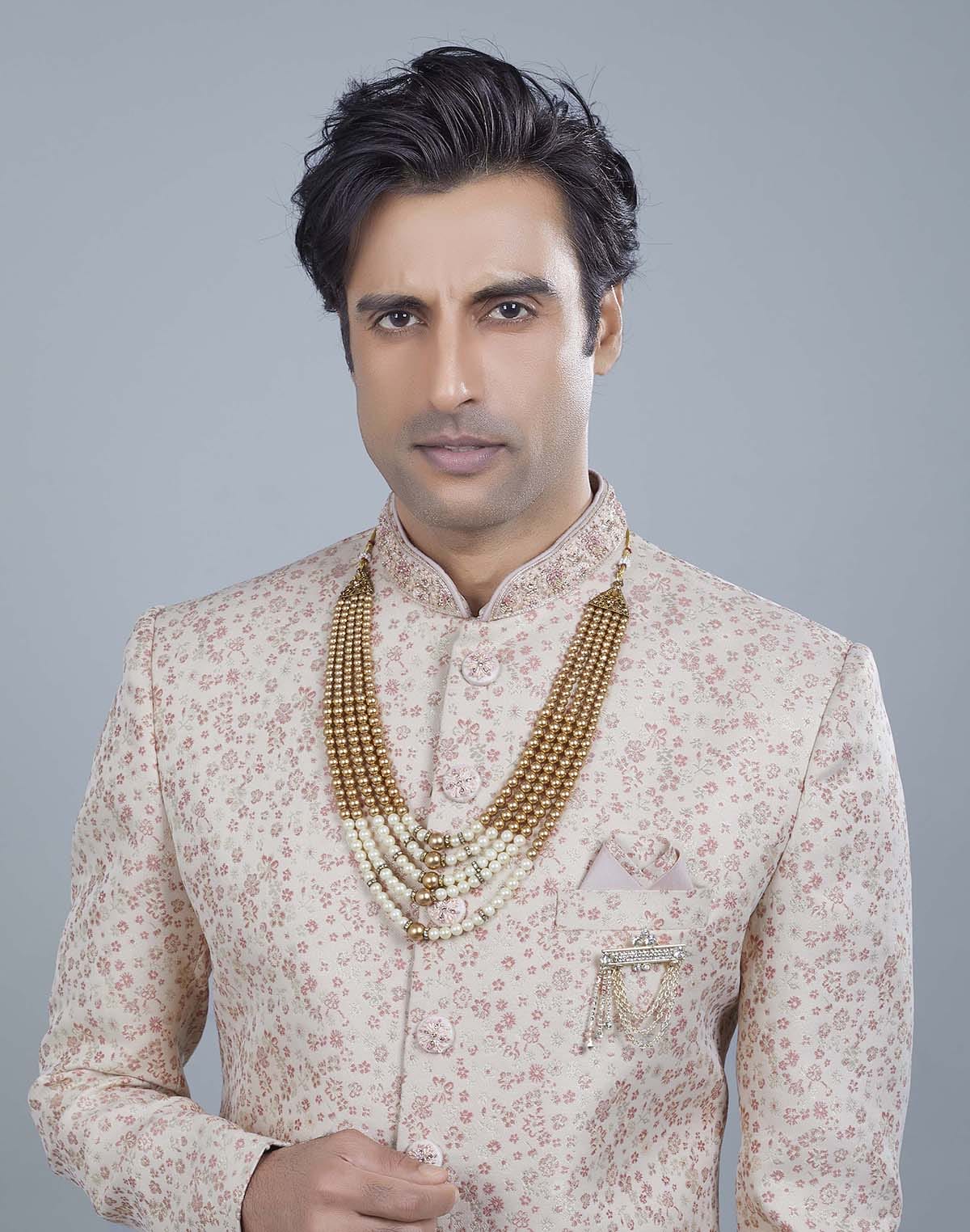 Graceful Peach Self All Over Floral Jacquard Design Indo Sherwani