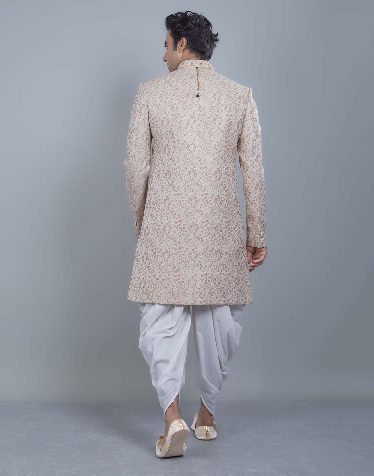 Graceful Peach Self All Over Floral Jacquard Design Indo Sherwani