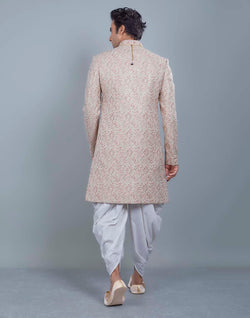 Collection of Graceful Peach Self All Over Floral Jacquard Design Indo Sherwani in a gallery layout