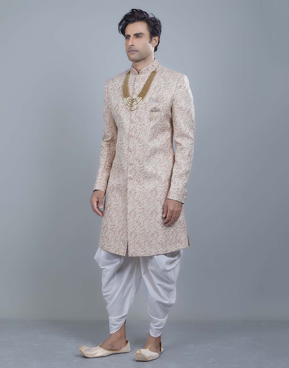 Graceful Peach Self All Over Floral Jacquard Design Indo Sherwani