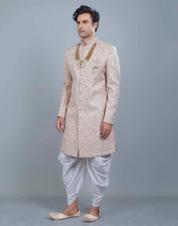 Collection of Graceful Peach Self All Over Floral Jacquard Design Indo Sherwani in a gallery layout