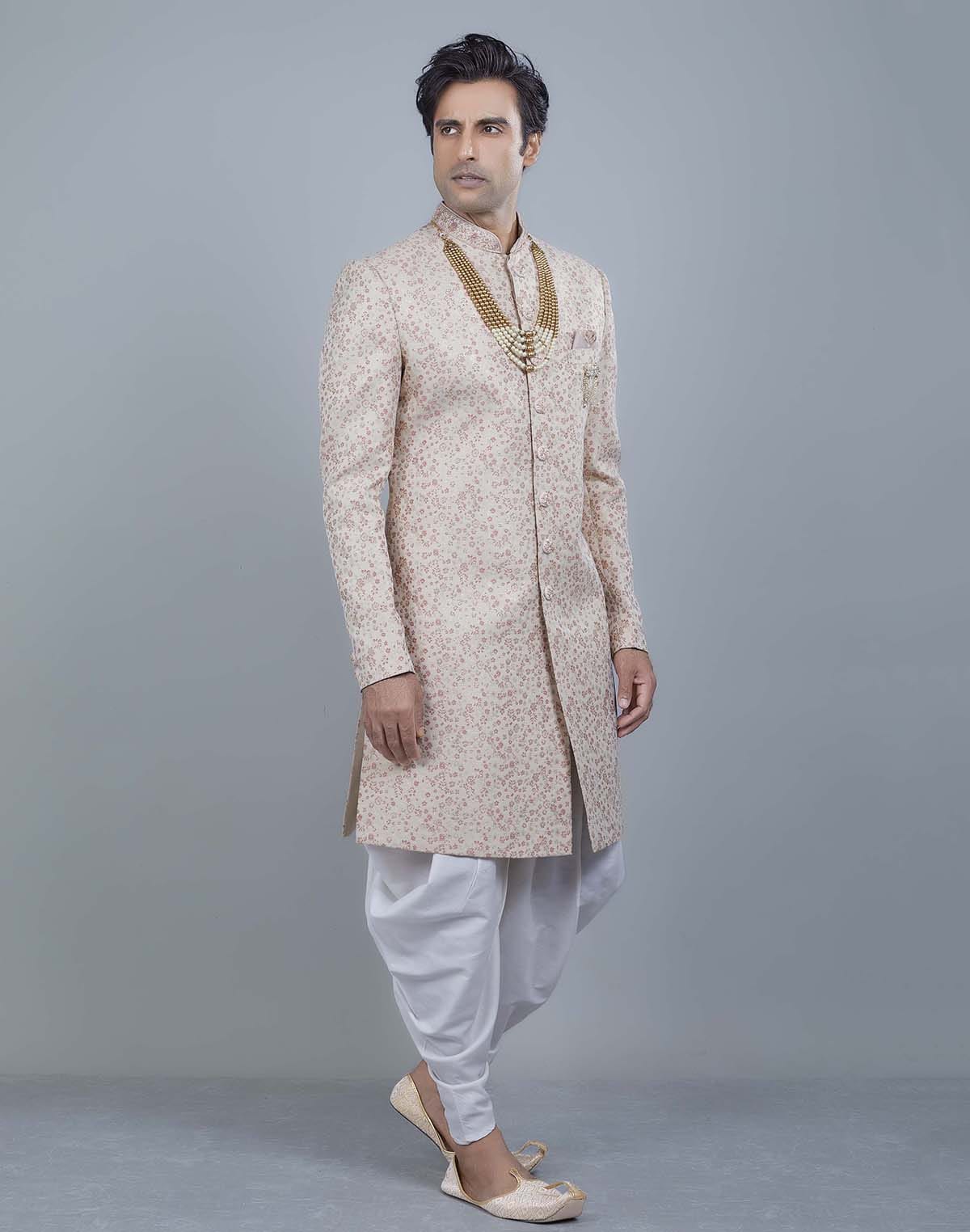 Graceful Peach Self All Over Floral Jacquard Design Indo Sherwani