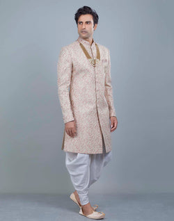 Collection of Graceful Peach Self All Over Floral Jacquard Design Indo Sherwani in a gallery layout