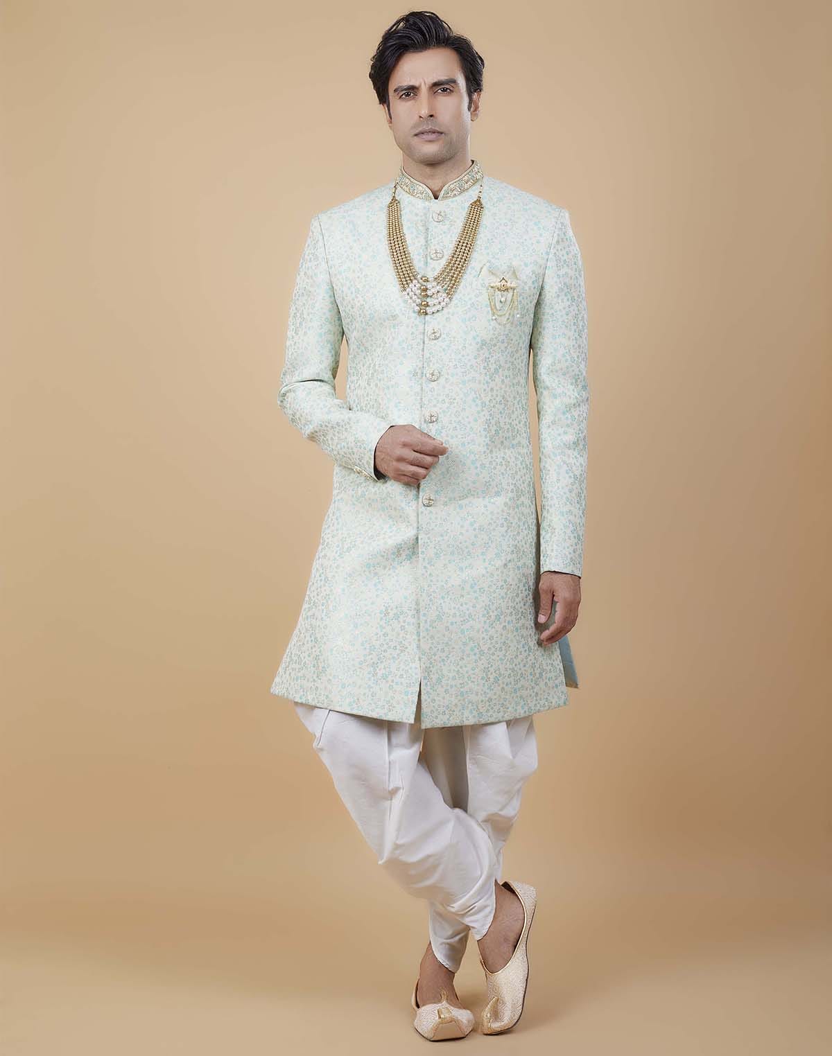 Collection of Classy Sea Green Colour Self All Over Floral Jacquard Design Indo Sherwani in a gallery layout