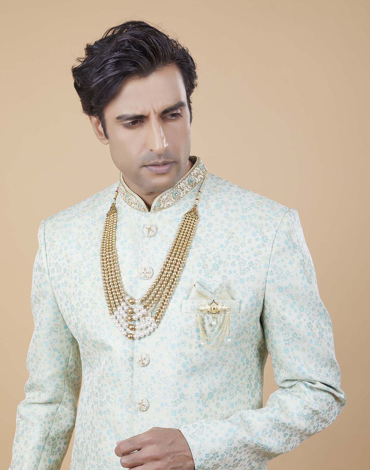 Collection of Classy Sea Green Colour Self All Over Floral Jacquard Design Indo Sherwani in a gallery layout