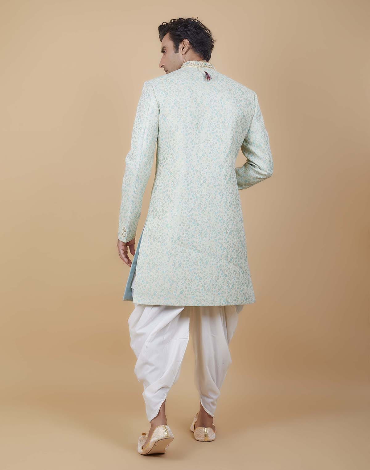 Collection of Classy Sea Green Colour Self All Over Floral Jacquard Design Indo Sherwani in a gallery layout