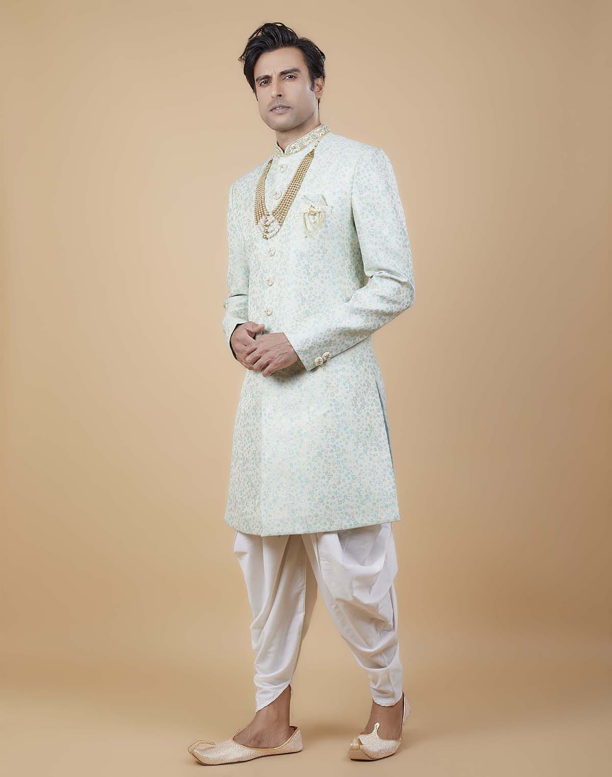 Classy Sea Green Colour Self All Over Floral Jacquard Design Indo Sherwani