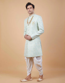 Collection of Classy Sea Green Colour Self All Over Floral Jacquard Design Indo Sherwani in a gallery layout