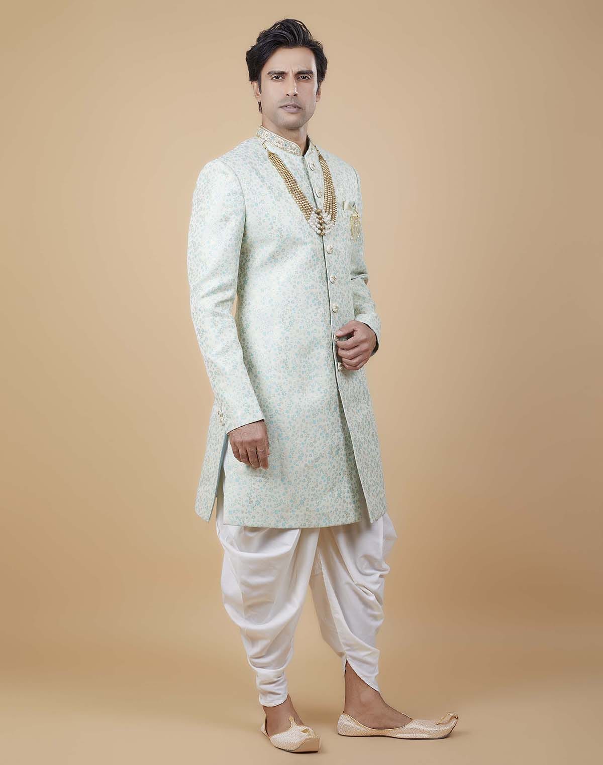 Collection of Classy Sea Green Colour Self All Over Floral Jacquard Design Indo Sherwani in a gallery layout