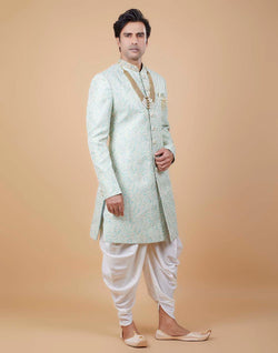 Collection of Classy Sea Green Colour Self All Over Floral Jacquard Design Indo Sherwani in a gallery layout