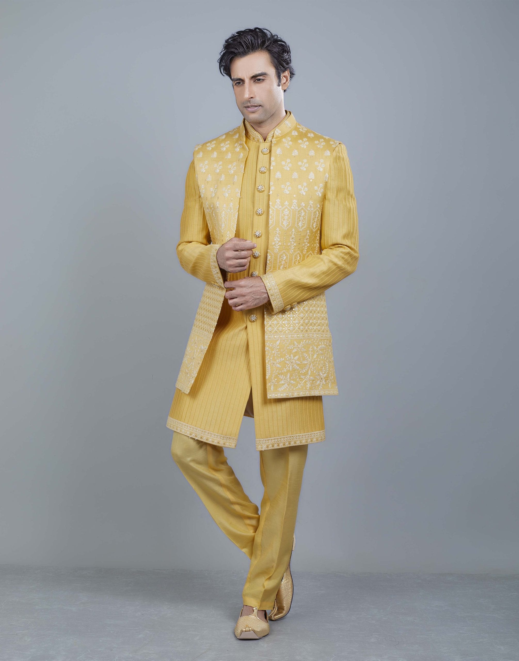 Collection of All Over Beautifully Yellow Coloured Embroidery work Open Jakcet Style in a gallery layout