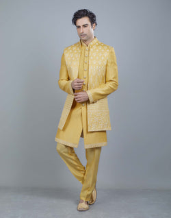 Collection of All Over Beautifully Yellow Coloured Embroidery work Open Jakcet Style in a gallery layout