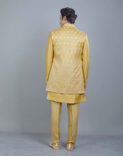 Collection of All Over Beautifully Yellow Coloured Embroidery work Open Jakcet Style in a gallery layout