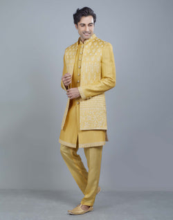 Collection of All Over Beautifully Yellow Coloured Embroidery work Open Jakcet Style in a gallery layout