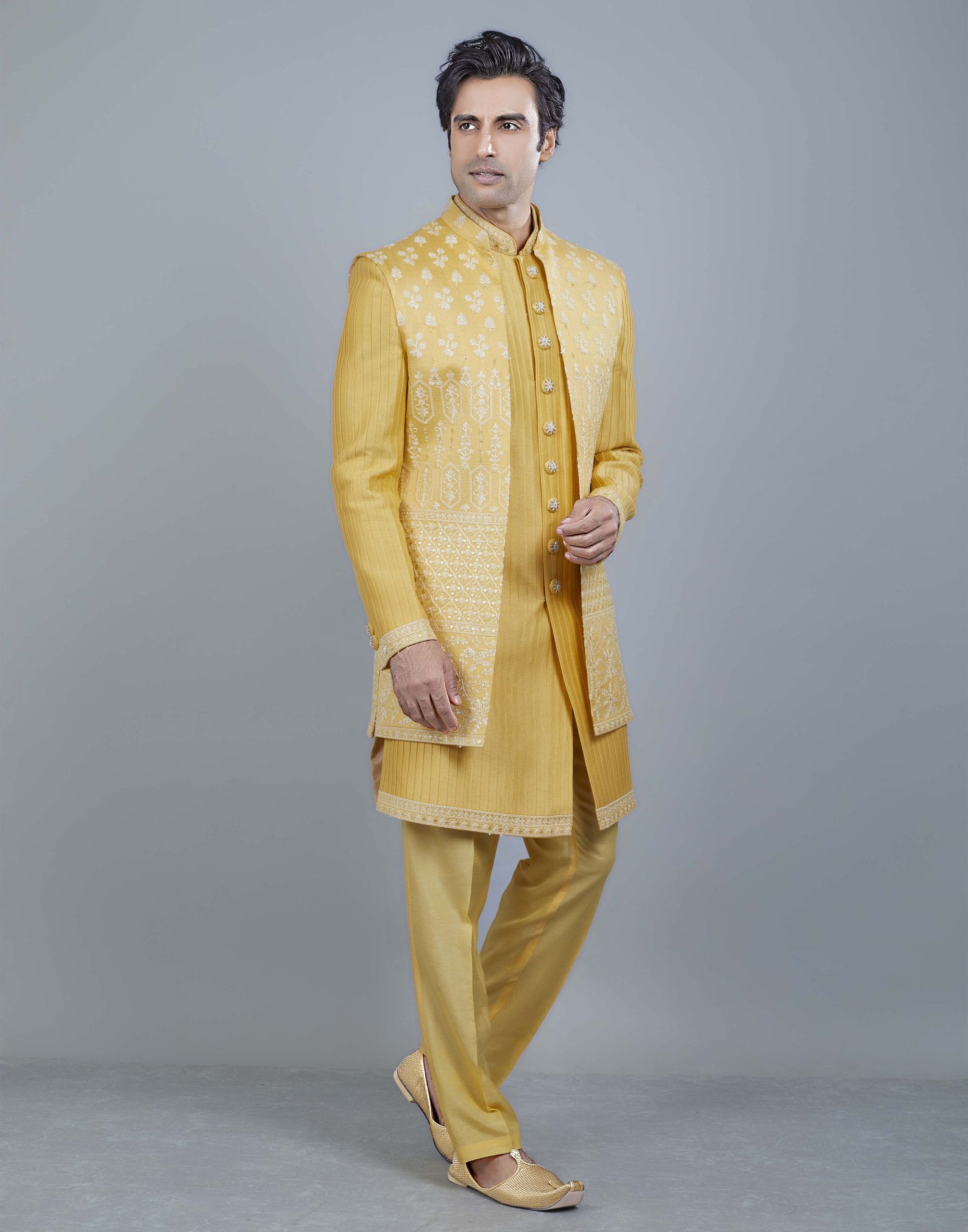 Collection of All Over Beautifully Yellow Coloured Embroidery work Open Jakcet Style in a gallery layout