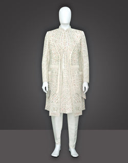 Collection of Amazing Cream Coloured Raw Silk Indo attached Open Jacket Set in a gallery layout