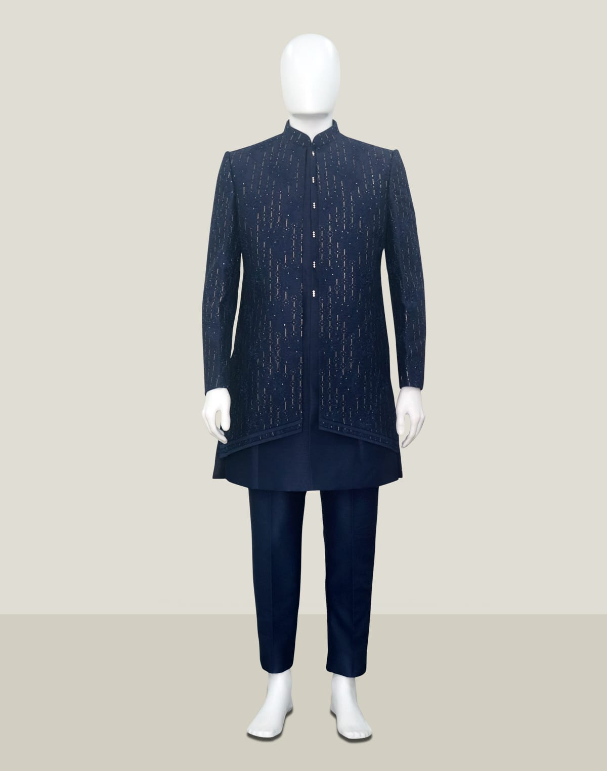 Collection of Navy Blue Designer Raw Silk Open Jacket Indo Western Set in a gallery layout