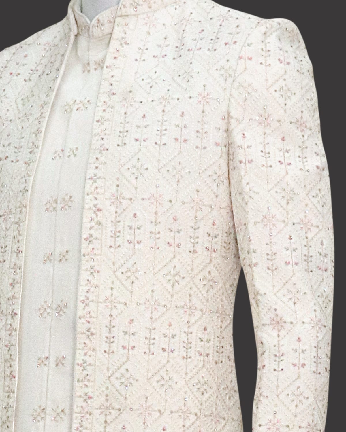 Collection of Cream Embroidery work Milky Silk Indo Western Open Jacket in a gallery layout