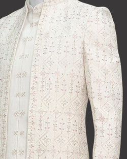 Collection of Cream Embroidery work Milky Silk Indo Western Open Jacket in a gallery layout