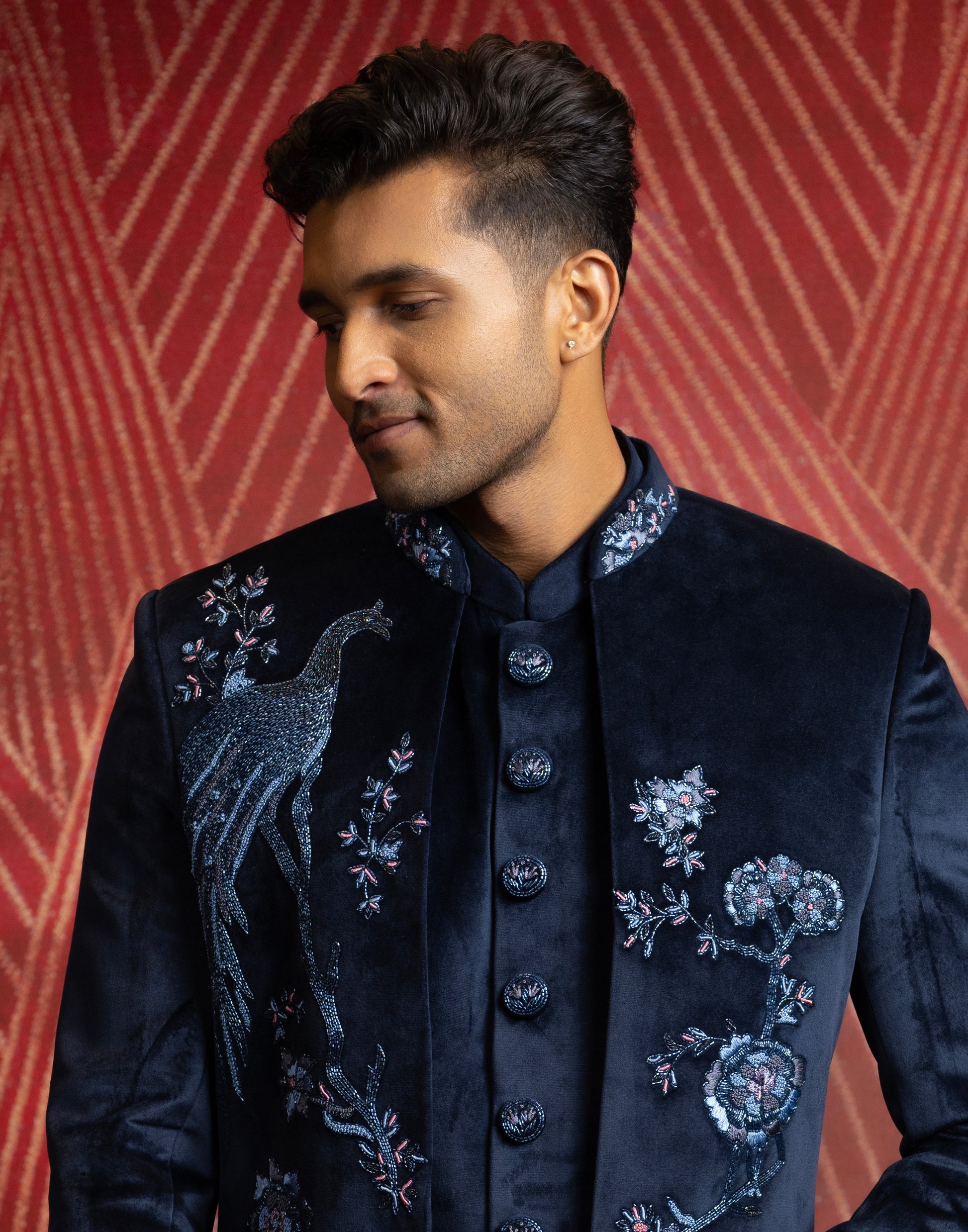 Navy Blue Embroidery Work Classic Open Jacket Type Indo Western Set