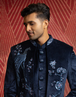 Collection of Navy Blue Embroidery Work Classic Open Jacket Type Indo Western Set in a gallery layout