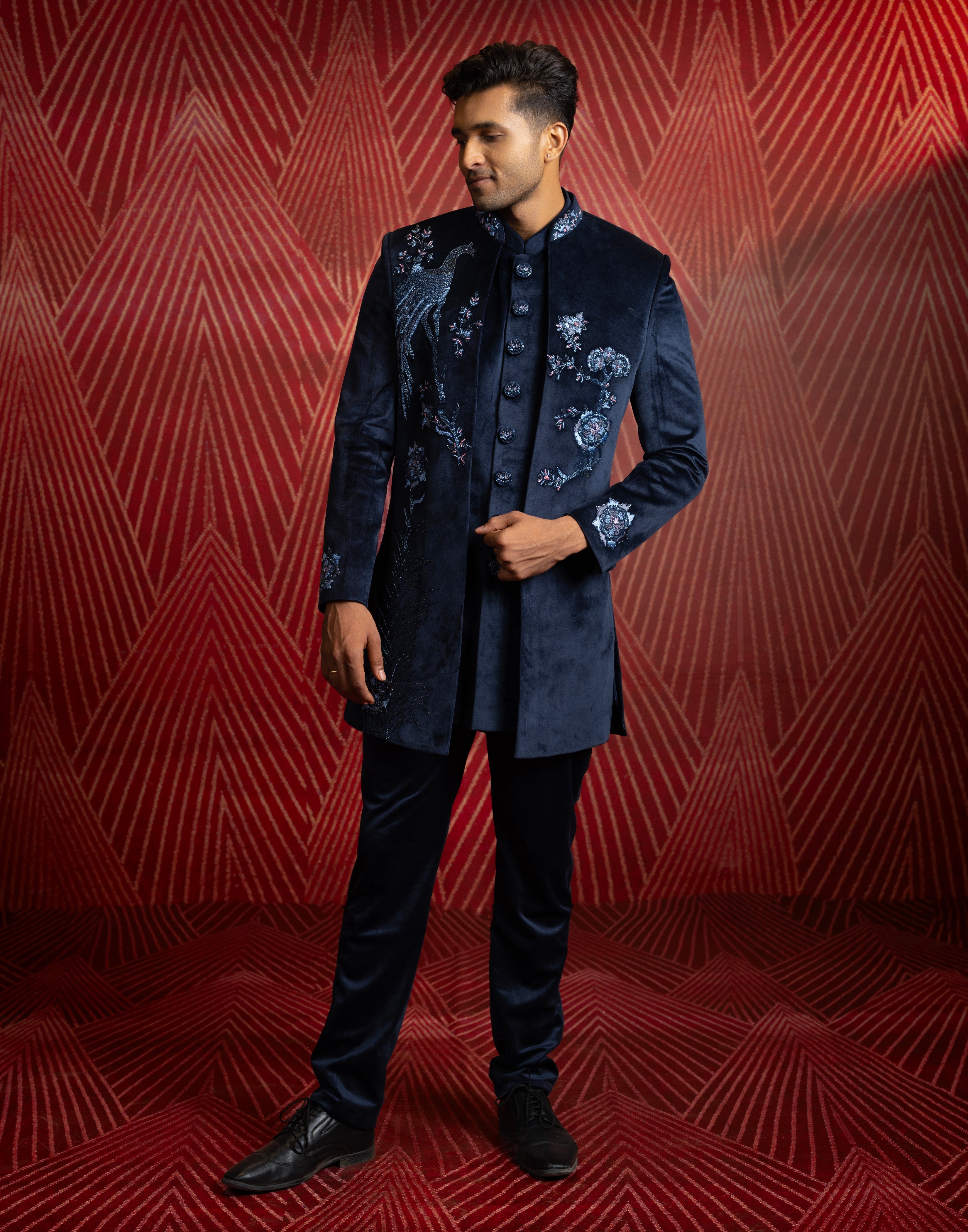 Collection of Navy Blue Embroidery Work Classic Open Jacket Type Indo Western Set in a gallery layout