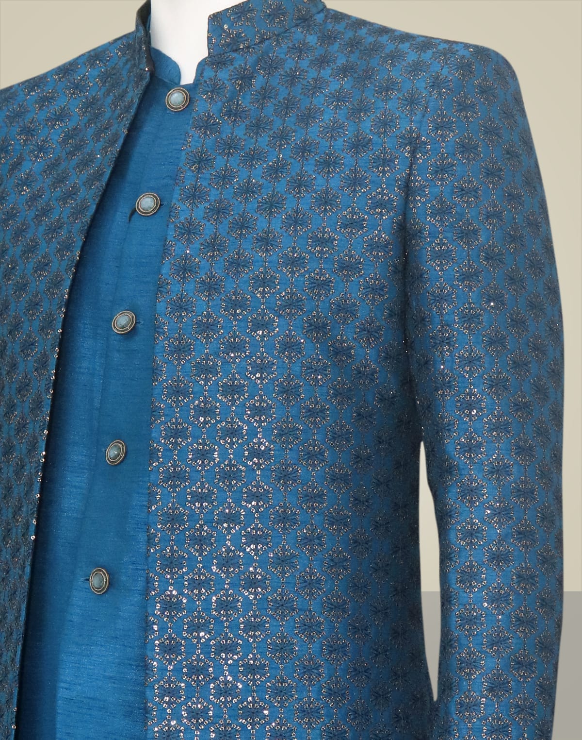 Collection of Teal Blue Sequins work Raw Silk Open Jacket Style Indo Western in a gallery layout