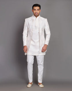 Collection of Cream Raw Silk Floral Embroidery Work Indo-open Jacket Style in a gallery layout