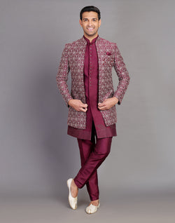 Collection of Beautiful Wine Coloured Floral Design Raw Silk Embroidery Work Indo-open Jacket in a gallery layout