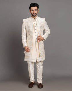 Collection of Elegant Cream Color Raw Silk Embroidery Work Indo-open Jacket Set in a gallery layout