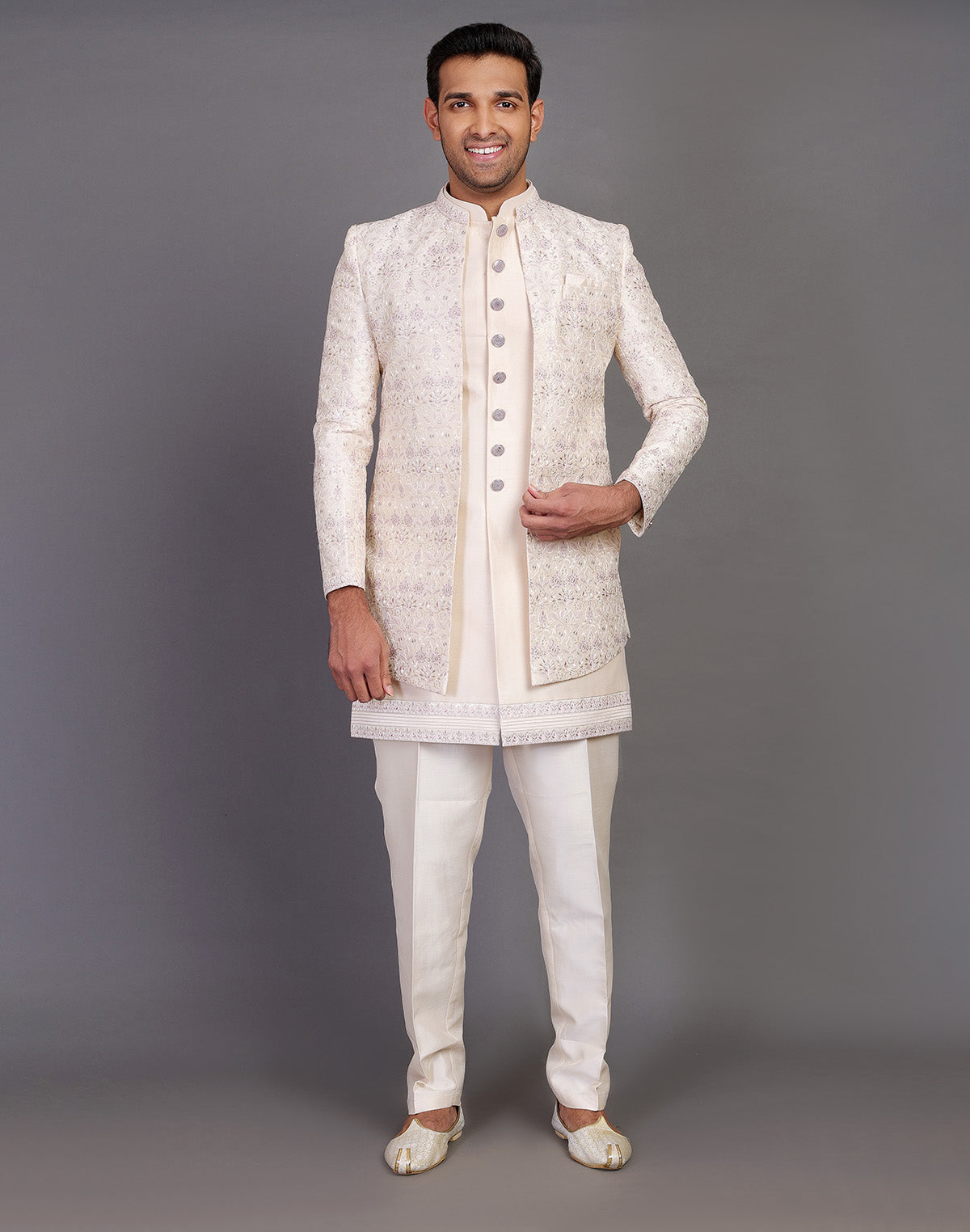 Collection of Elegant Fawn Color Raw Silk Embroidery Work Indo-open Jacket Set in a gallery layout