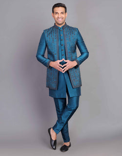 Collection of Raw Silk Floral Embroidery Work Rama Green Indo-open Jacket Set in a gallery layout