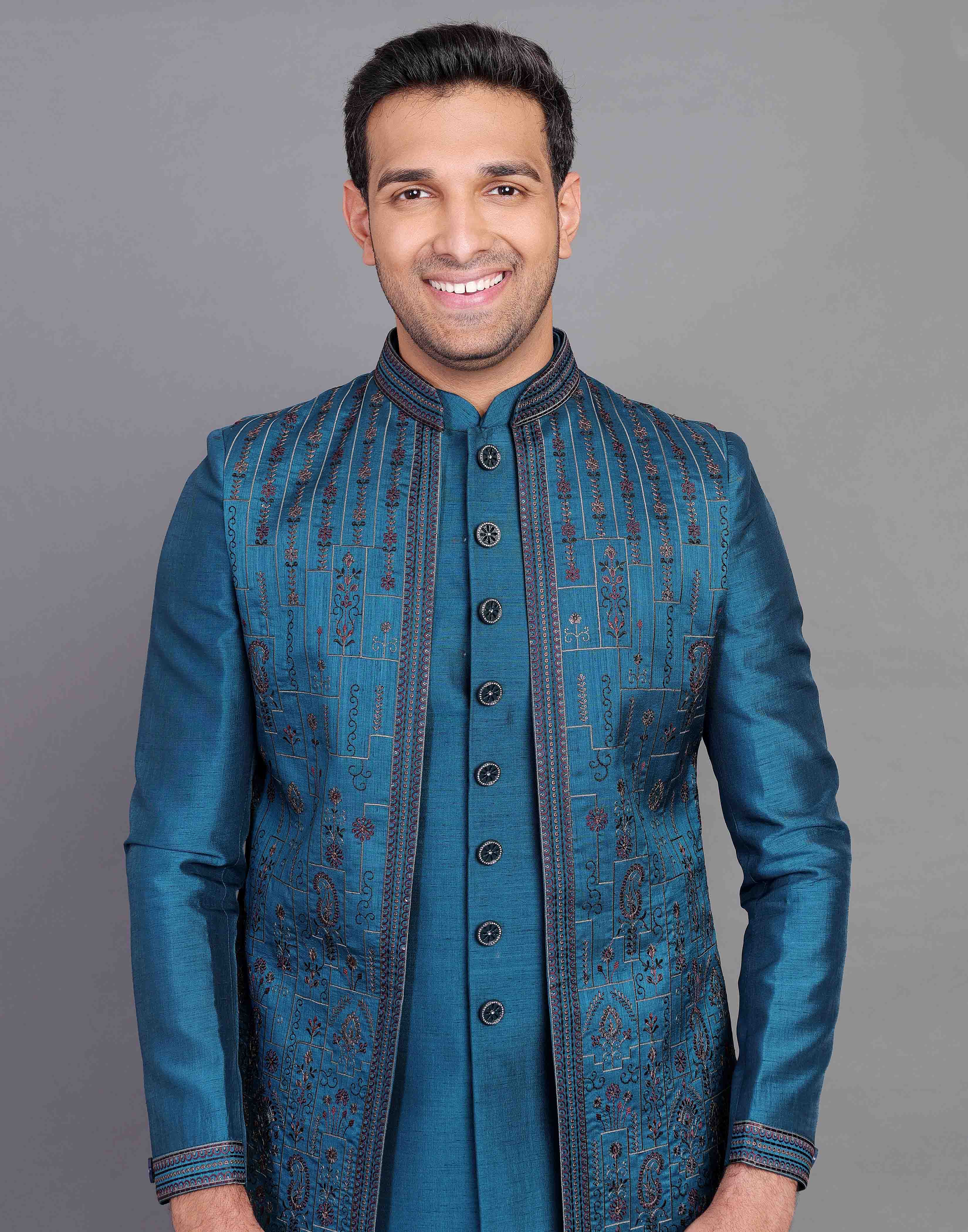 Collection of Raw Silk Floral Embroidery Work Rama Green Indo-open Jacket Set in a gallery layout