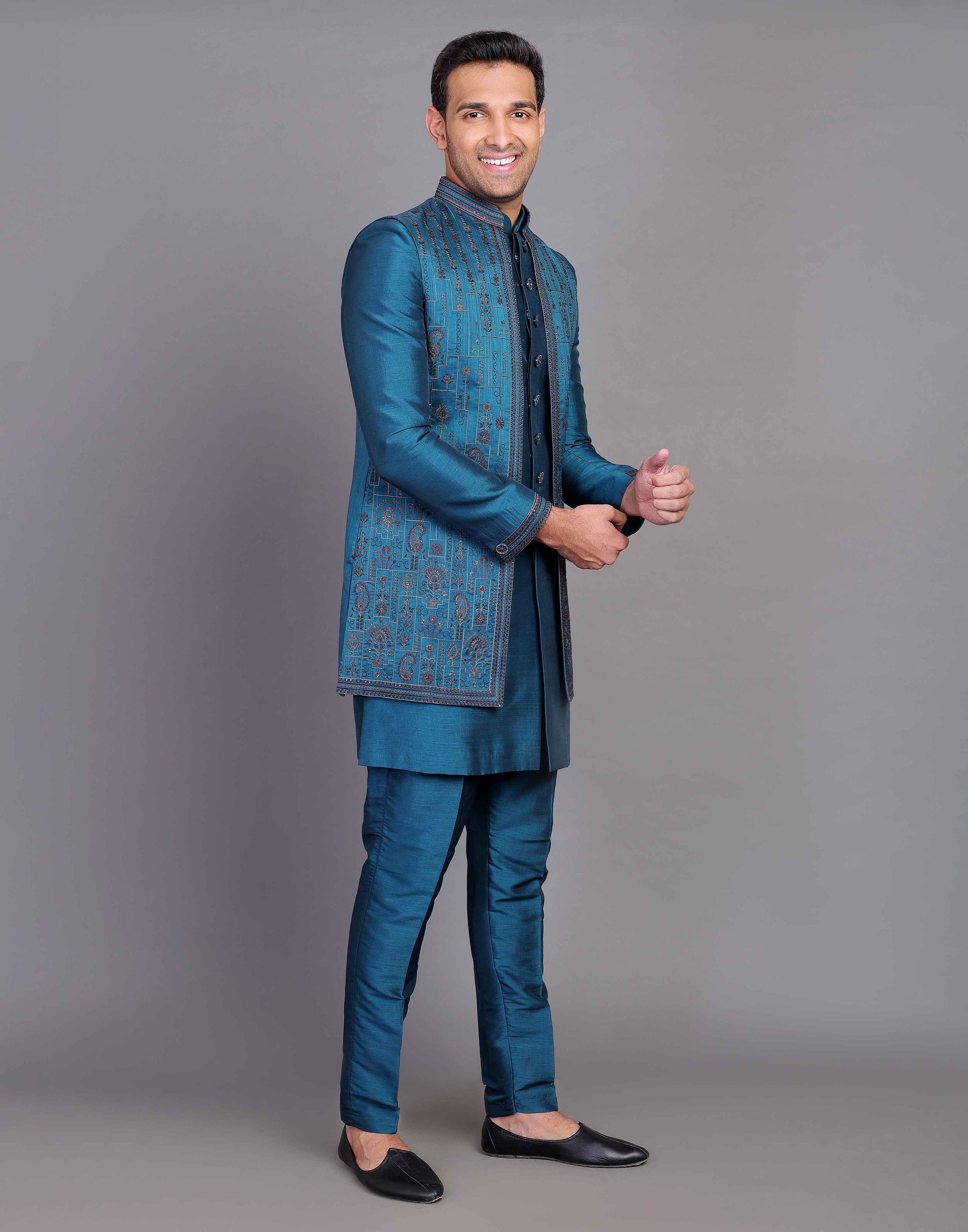 Raw Silk Floral Embroidery Work Rama Green Indo-open Jacket Set