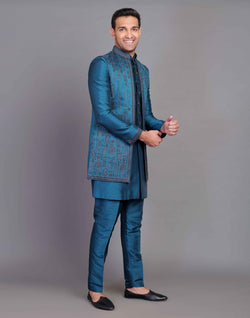 Collection of Raw Silk Floral Embroidery Work Rama Green Indo-open Jacket Set in a gallery layout