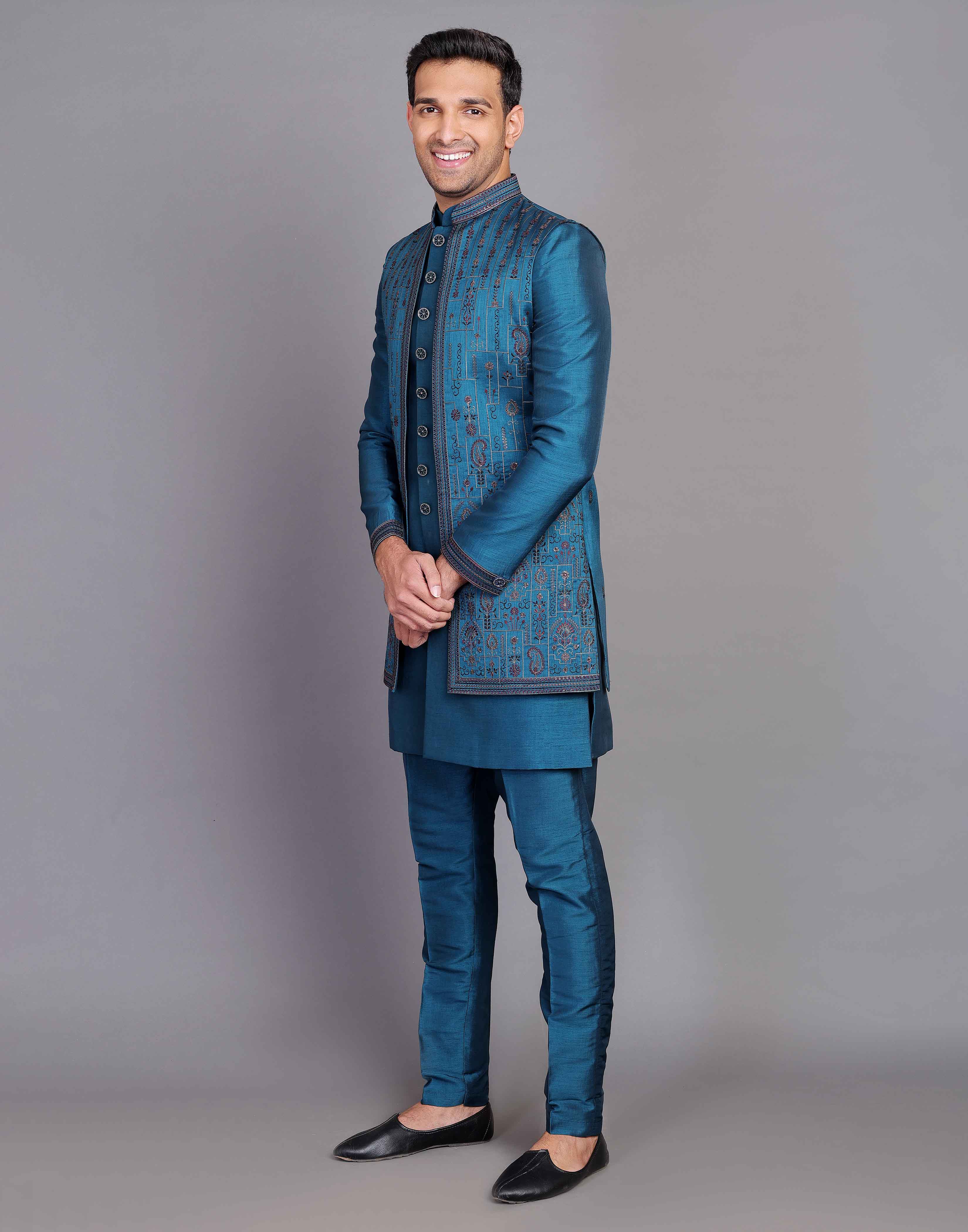 Collection of Raw Silk Floral Embroidery Work Rama Green Indo-open Jacket Set in a gallery layout