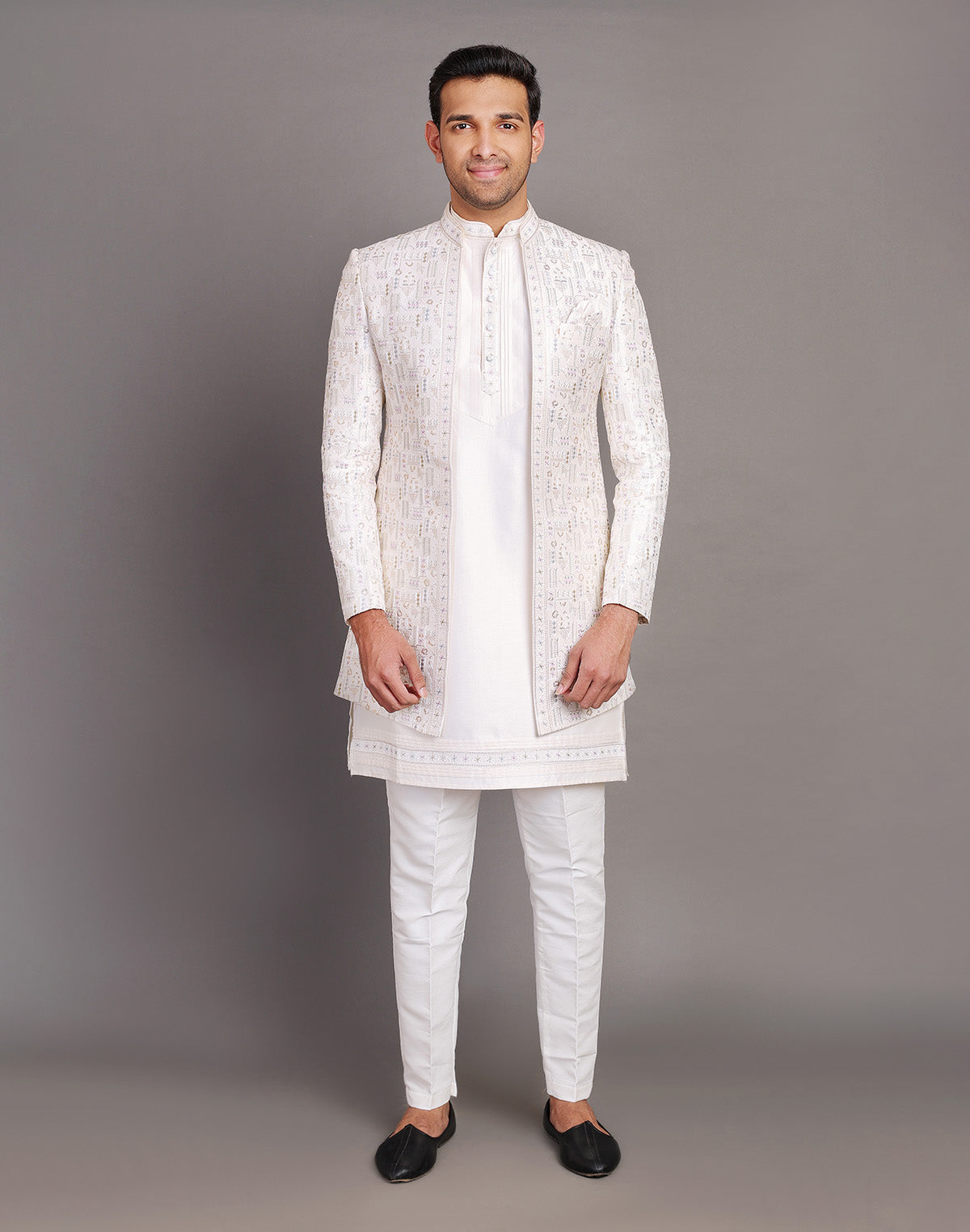 Collection of Raw Silk Thread Embroidery With Sequence Work Cream Coloured Indo Open Jacket Set in a gallery layout